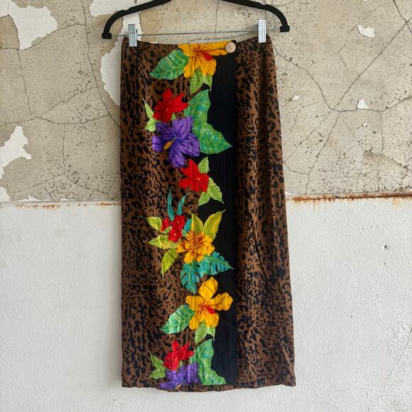 Vintage Wrap Skirt Leopard Print Midi Tropical Floral Flowy Rayon 90s Maximalist - Picture 1 of 6